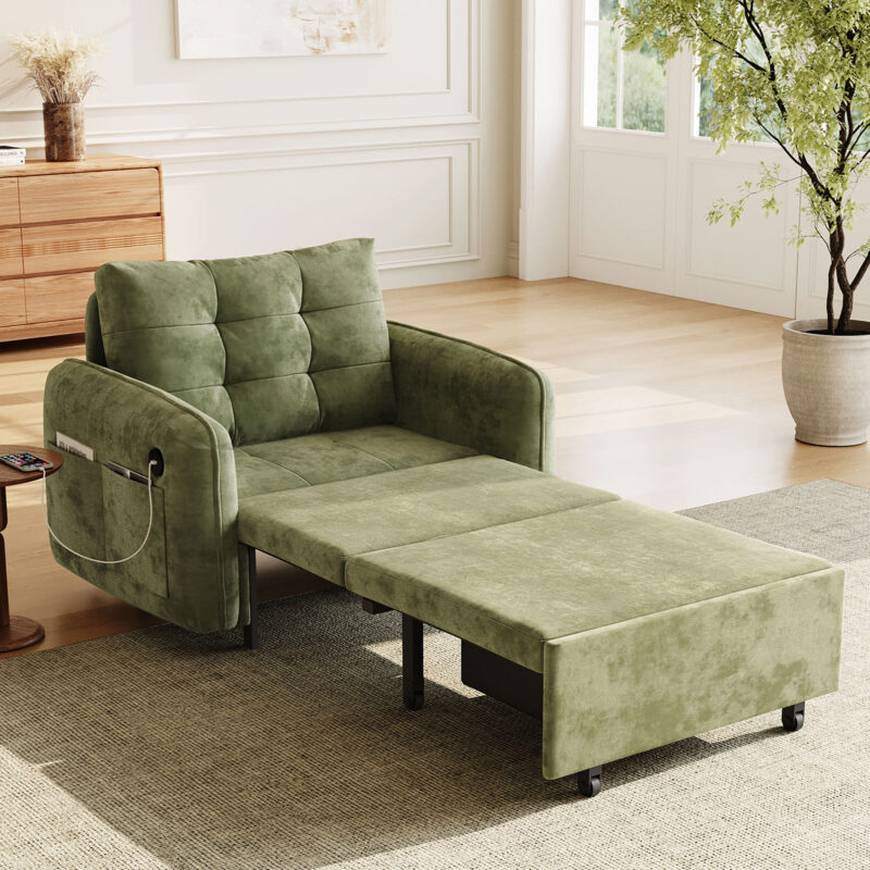 [NEW] 3-in-1 Sleeper Chair Bed, 80" Extra Long Pull Out Sleeping Lounge with USB Charging, Storage Pockets and Box, Tufted Design, Multi-Functional Chenille Single Sofa Bed for Living Room&Apartment - Image 14