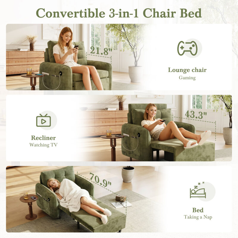 [NEW] 3-in-1 Sleeper Chair Bed, 80" Extra Long Pull Out Sleeping Lounge with USB Charging, Storage Pockets and Box, Tufted Design, Multi-Functional Chenille Single Sofa Bed for Living Room&Apartment - Image 13