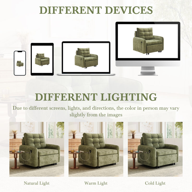 [NEW] 3-in-1 Sleeper Chair Bed, 80" Extra Long Pull Out Sleeping Lounge with USB Charging, Storage Pockets and Box, Tufted Design, Multi-Functional Chenille Single Sofa Bed for Living Room&Apartment - Image 17