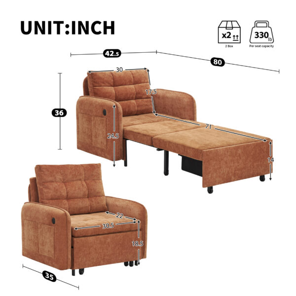 [NEW] 3-in-1 Sleeper Chair Bed, 80" Extra Long Pull Out Sleeping Lounge with USB Charging, Storage Pockets and Box, Tufted Design, Multi-Functional Chenille Single Sofa Bed for Living Room&Apartment