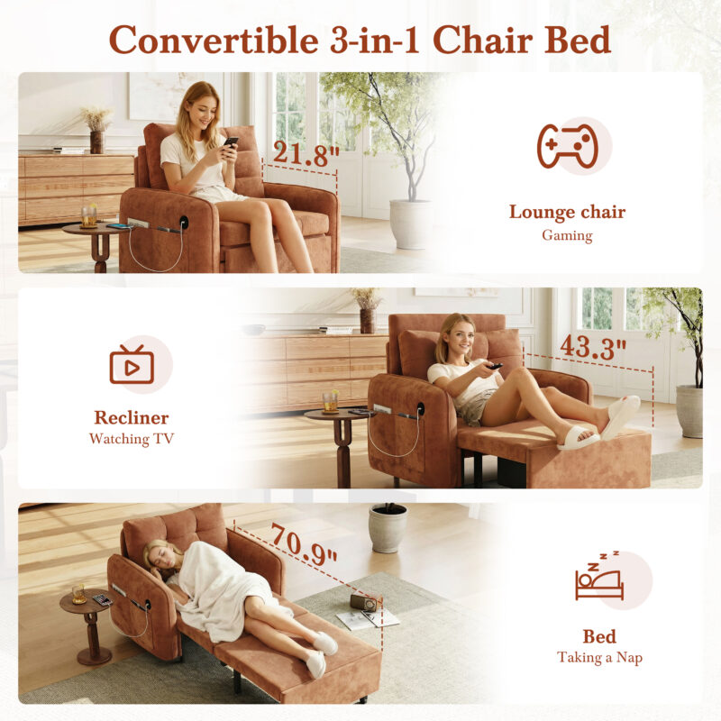 [NEW] 3-in-1 Sleeper Chair Bed, 80" Extra Long Pull Out Sleeping Lounge with USB Charging, Storage Pockets and Box, Tufted Design, Multi-Functional Chenille Single Sofa Bed for Living Room&Apartment - Image 9