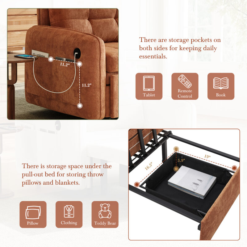 [NEW] 3-in-1 Sleeper Chair Bed, 80" Extra Long Pull Out Sleeping Lounge with USB Charging, Storage Pockets and Box, Tufted Design, Multi-Functional Chenille Single Sofa Bed for Living Room&Apartment - Image 8