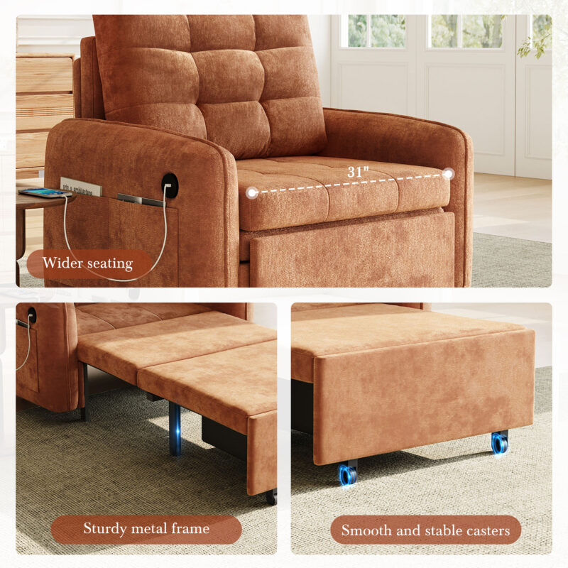 [NEW] 3-in-1 Sleeper Chair Bed, 80" Extra Long Pull Out Sleeping Lounge with USB Charging, Storage Pockets and Box, Tufted Design, Multi-Functional Chenille Single Sofa Bed for Living Room&Apartment - Image 6