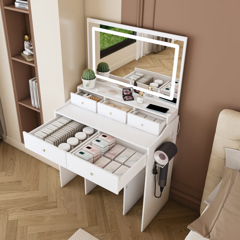 New Large Mirror Vanity Desk for Bed room , Modern Makeup Vanity Set with Power Outlet and Hair dryer holder, 5 Drawers , 3 Lighting Color Adjustable Dressing Table for Bedroom - Image 9