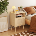 22.83'' H Rattan Nightstand, Side Table with Door Open Shelf, Accent Bedside End Table with Solid Wood Legs for Bedroom, Dorm and Small Spaces, Oak - Image 5