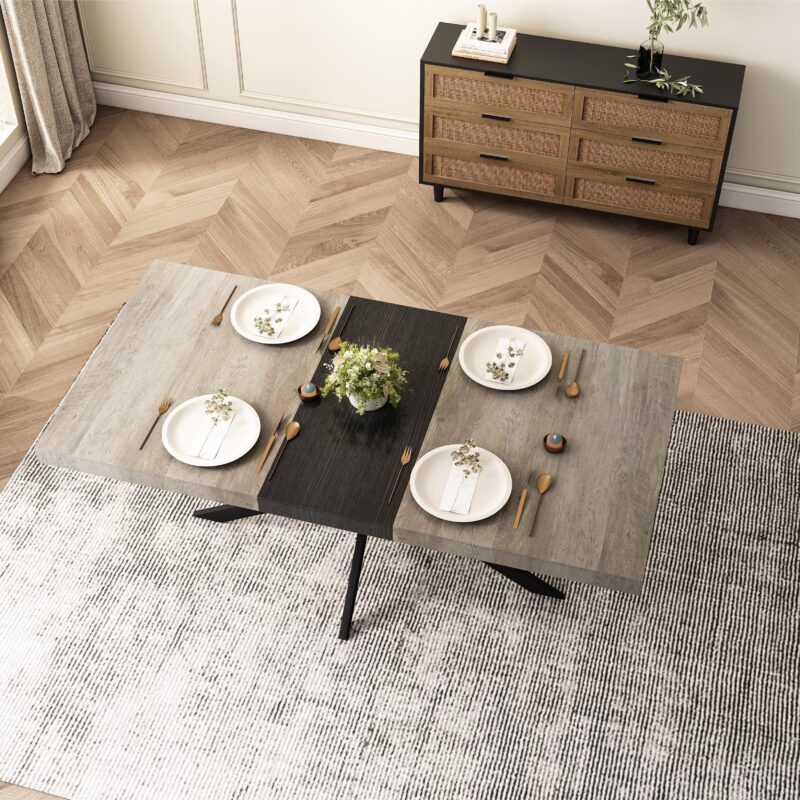 55.11" -70.86"Retro Rectangular Stretch Dining Table, Antique Wood Top And Black Relief Plate, Black Fine Sand Cross Iron Foot Base Dining Table, With Storage Box - Image 5