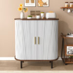 28" Fluted Wine Bar Cabinet with 8-Grid Wine Rack, 5-Level Adjustable Shelves, 2 Glass Holders, Smoothly Sliding Tambour Doors, 4 Hidden Storage Space on the Side,Modern Liquor Coffee Station - Image 8