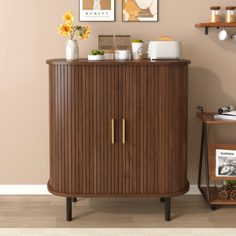 28" Fluted Wine Bar Cabinet with 8-Grid Wine Rack, 5-Level Adjustable Shelves, 2 Glass Holders, Smoothly Sliding Tambour Doors, 4 Hidden Storage Space on the Side,Modern Liquor Coffee Station - Image 16