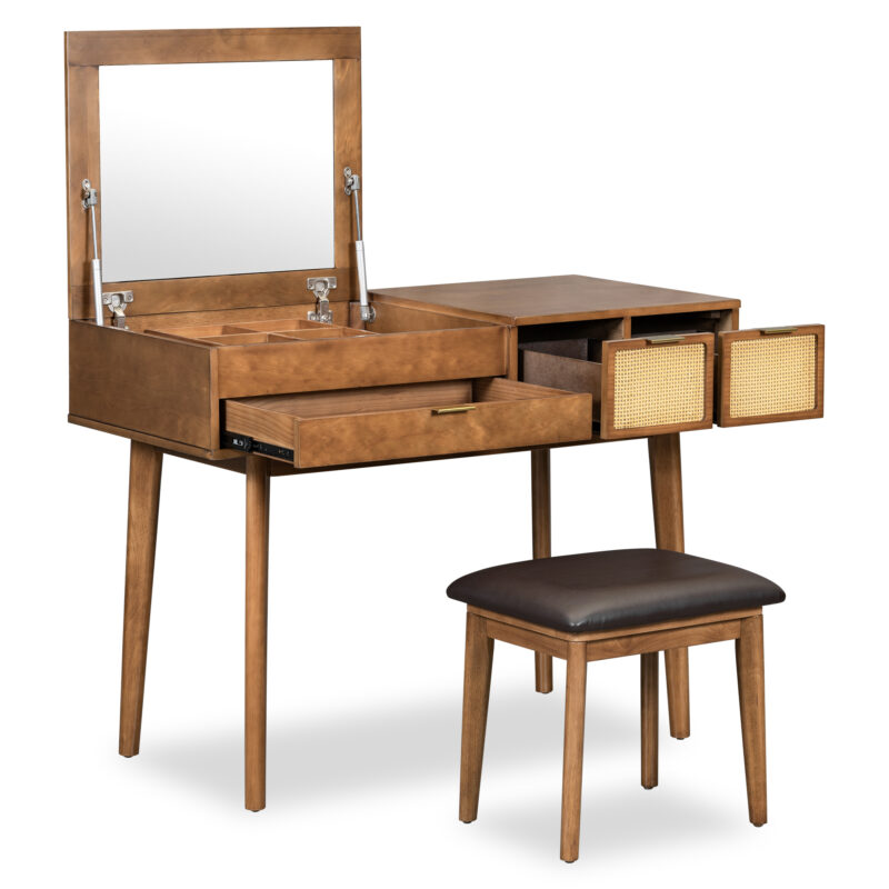 43.3" Classic Wood Makeup Vanity Set with Flip-top Mirror and Stool, Dressing Table with Three Drawers and storage space, Brown - Image 11