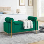 Elegant Upholstered Linen Storage Bench with Cylindrical Arms and Iron Legs for Hallway Living Room Bedroom - Image 26