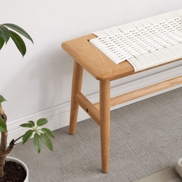 Woven Design Natural Oak Wood Dining Bench Bed Bench for Dining Room, Bedroom, Bathroom