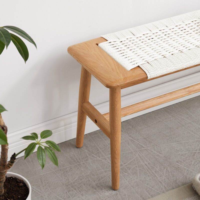 Woven Design Natural Oak Wood Dining Bench Bed Bench for Dining Room, Bedroom, Bathroom - Image 5