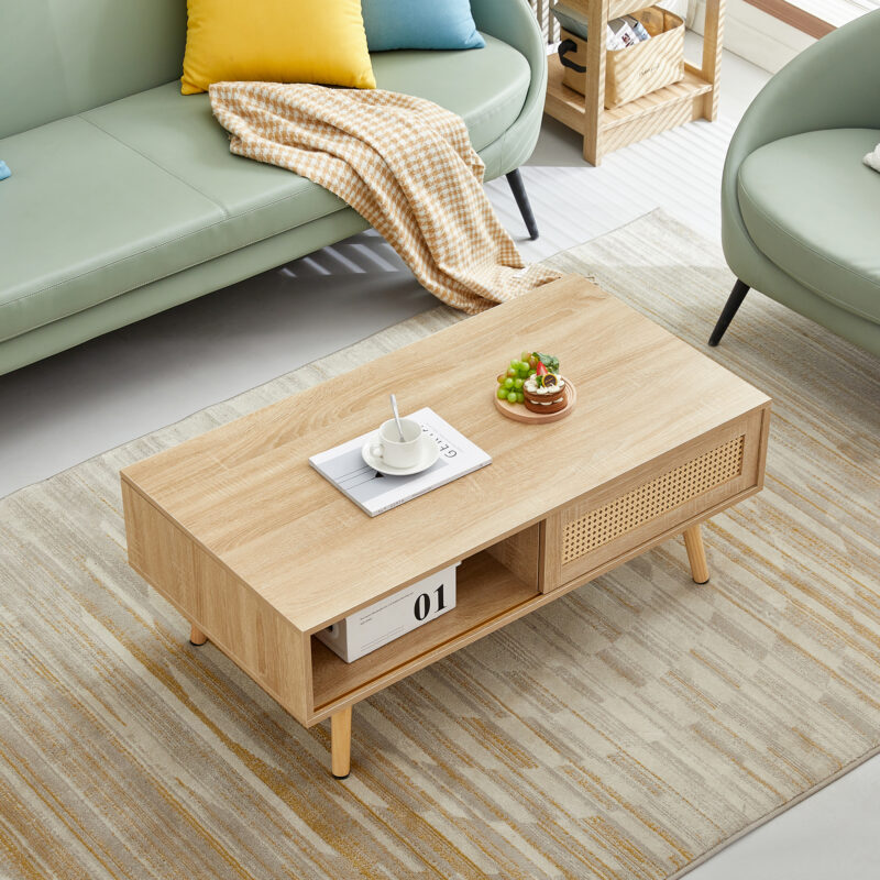 41.34" Rattan Coffee table, sliding door for storage, solid wood legs, Modern table for living room - Image 4