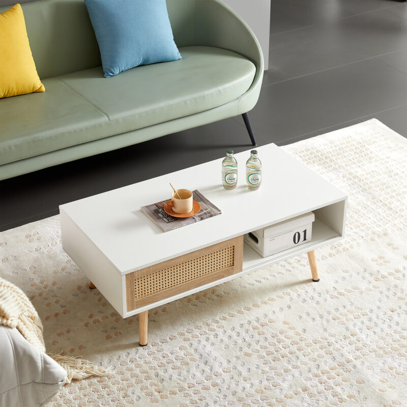 41.34" Rattan Coffee table, sliding door for storage, solid wood legs, Modern table for living room - Image 2