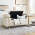 Elegant Upholstered Linen Storage Bench with Cylindrical Arms and Iron Legs for Hallway Living Room Bedroom - Image 18