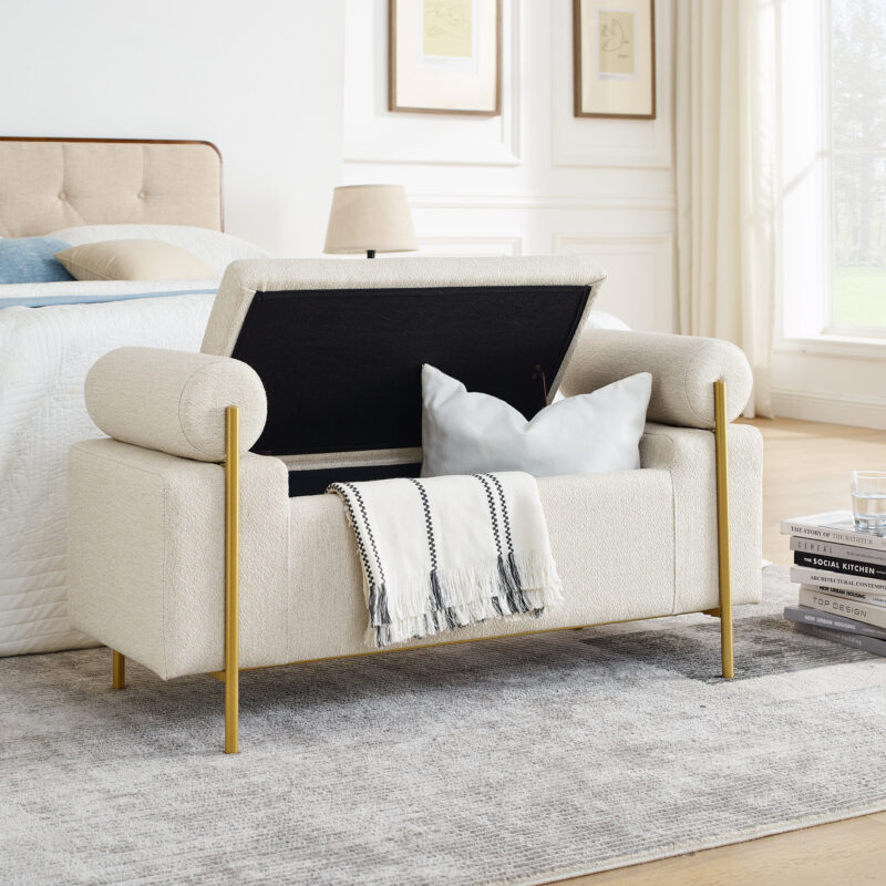 Elegant Upholstered Linen Storage Bench with Cylindrical Arms and Iron Legs for Hallway Living Room Bedroom - Image 18
