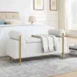 Elegant Upholstered Linen Storage Bench with Cylindrical Arms and Iron Legs for Hallway Living Room Bedroom - Image 9
