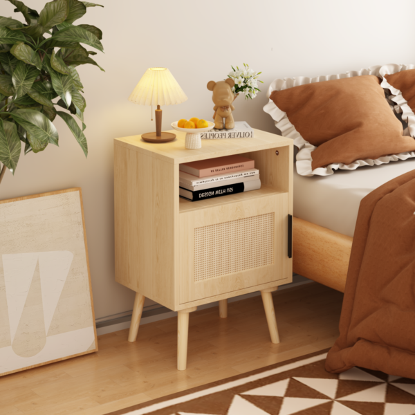 22.83'' H Rattan Nightstand, Side Table with Door Open Shelf, Accent Bedside End Table with Solid Wood Legs for Bedroom, Dorm and Small Spaces, Oak