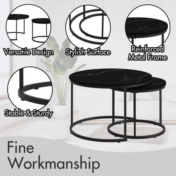 Nesting Coffee Table Set of 2, 27.6inch Round Coffee Table Wood Marble Pattern Top with Sturdy Metal Frame, End Table Side Tables for Living Room Bedroom Balcony Yard