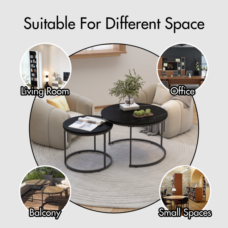 Nesting Coffee Table Set of 2, 27.6inch Round Coffee Table Wood Marble Pattern Top with Sturdy Metal Frame, End Table Side Tables for Living Room Bedroom Balcony Yard - Image 3