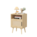 22.83'' H Rattan Nightstand, Side Table with Door Open Shelf, Accent Bedside End Table with Solid Wood Legs for Bedroom, Dorm and Small Spaces, Oak - Image 9