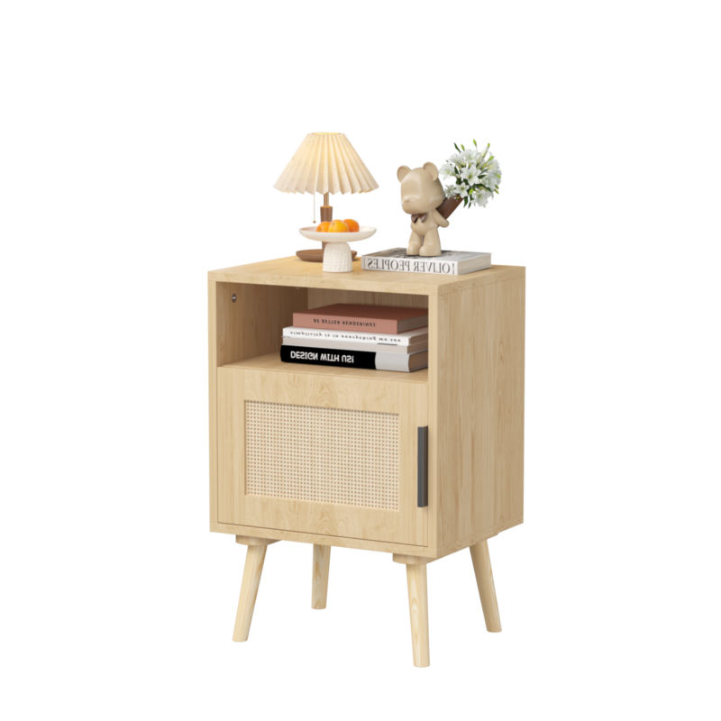 22.83'' H Rattan Nightstand, Side Table with Door Open Shelf, Accent Bedside End Table with Solid Wood Legs for Bedroom, Dorm and Small Spaces, Oak - Image 9