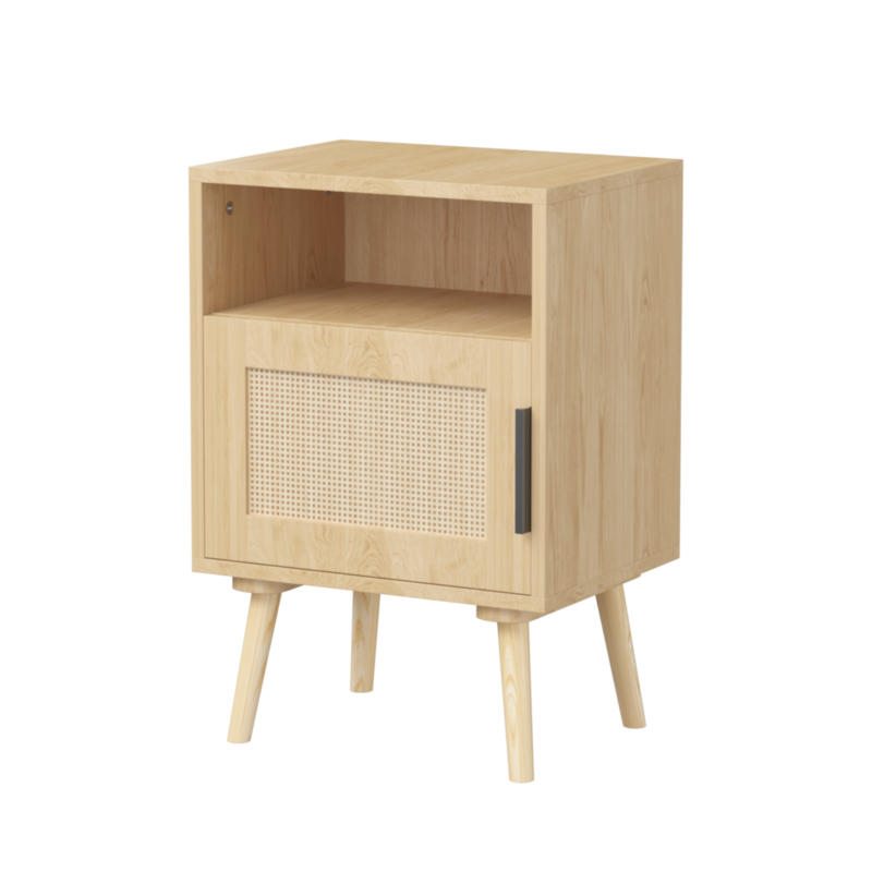 22.83'' H Rattan Nightstand, Side Table with Door Open Shelf, Accent Bedside End Table with Solid Wood Legs for Bedroom, Dorm and Small Spaces, Oak - Image 8