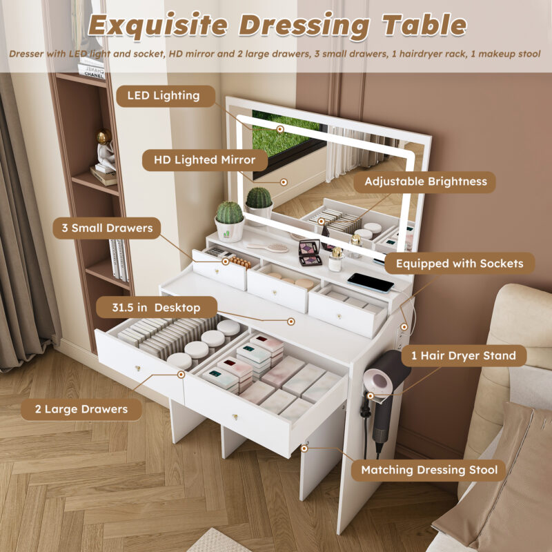 New Large Mirror Vanity Desk for Bed room , Modern Makeup Vanity Set with Power Outlet and Hair dryer holder, 5 Drawers , 3 Lighting Color Adjustable Dressing Table for Bedroom - Image 10