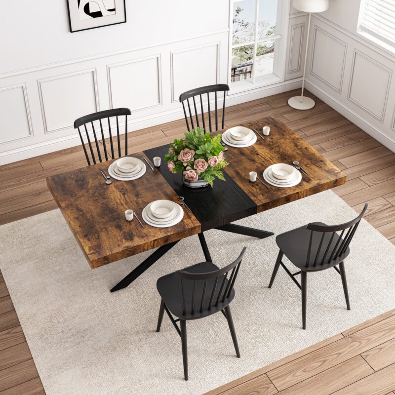 55.11" -70.86"Retro Rectangular Stretch Dining Table, Antique Wood Top And Black Relief Plate, Black Fine Sand Cross Iron Foot Base Dining Table, With Storage Box - Image 2