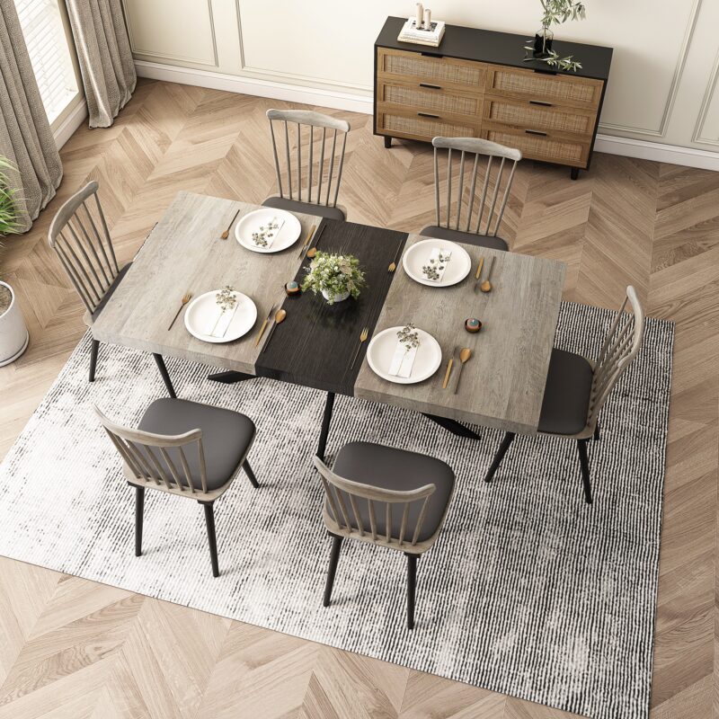55.11" -70.86"Retro Rectangular Stretch Dining Table, Antique Wood Top And Black Relief Plate, Black Fine Sand Cross Iron Foot Base Dining Table, With Storage Box - Image 6