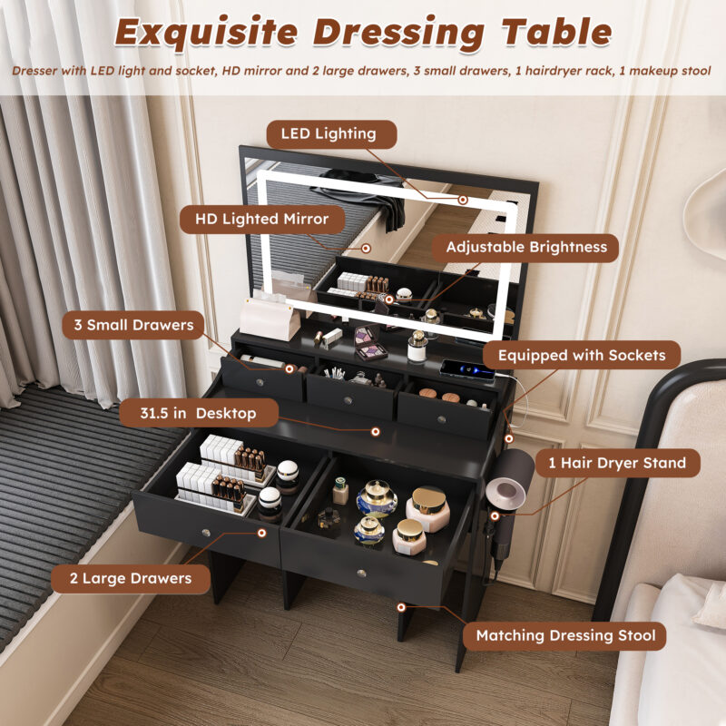 New Large Mirror Vanity Desk for Bed room , Modern Makeup Vanity Set with Power Outlet and Hair dryer holder, 5 Drawers , 3 Lighting Color Adjustable Dressing Table for Bedroom - Image 16