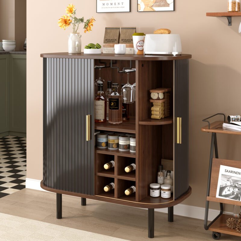 28" Fluted Wine Bar Cabinet with 8-Grid Wine Rack, 5-Level Adjustable Shelves, 2 Glass Holders, Smoothly Sliding Tambour Doors, 4 Hidden Storage Space on the Side,Modern Liquor Coffee Station - Image 24