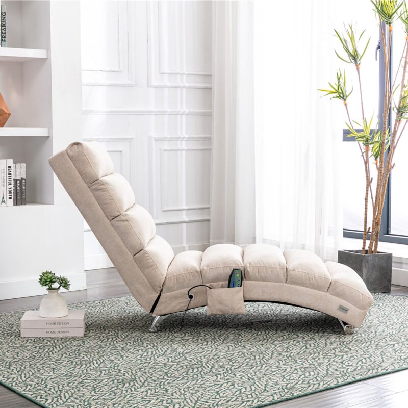 COOLMORE Luxury Upholstered Chaise Lounge Chair with Vibration for Relaxation, Modern Fixed Back Fabric Leisure Recliner Sofa for Living Room/Bedroom - Image 3