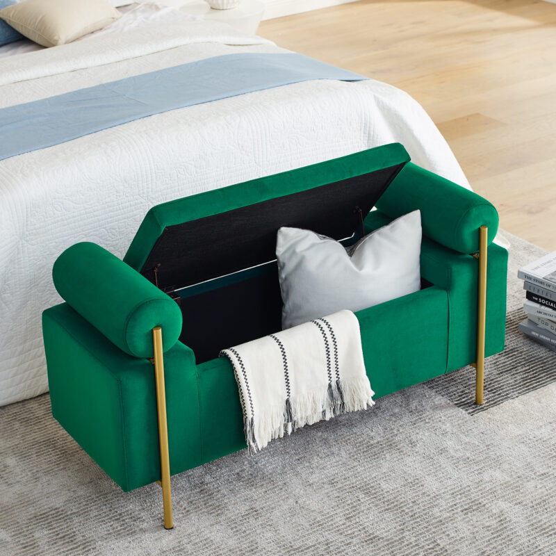 Elegant Upholstered Linen Storage Bench with Cylindrical Arms and Iron Legs for Hallway Living Room Bedroom - Image 25