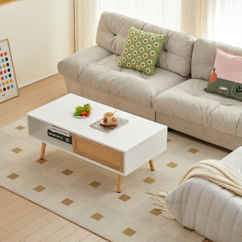 41.34" Rattan Coffee table, sliding door for storage, solid wood legs, Modern table for living room - Image 3