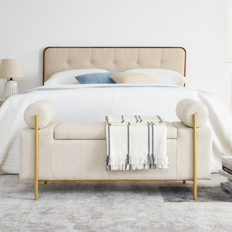 Elegant Upholstered Linen Storage Bench with Cylindrical Arms and Iron Legs for Hallway Living Room Bedroom - Image 17