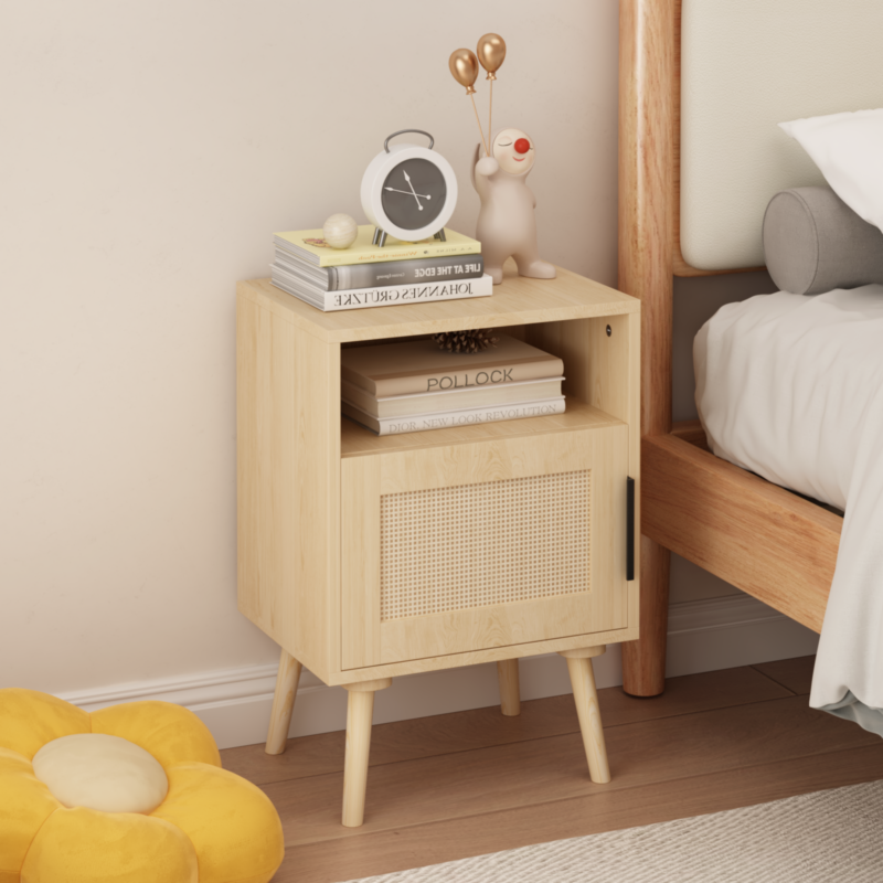 22.83'' H Rattan Nightstand, Side Table with Door Open Shelf, Accent Bedside End Table with Solid Wood Legs for Bedroom, Dorm and Small Spaces, Oak - Image 4