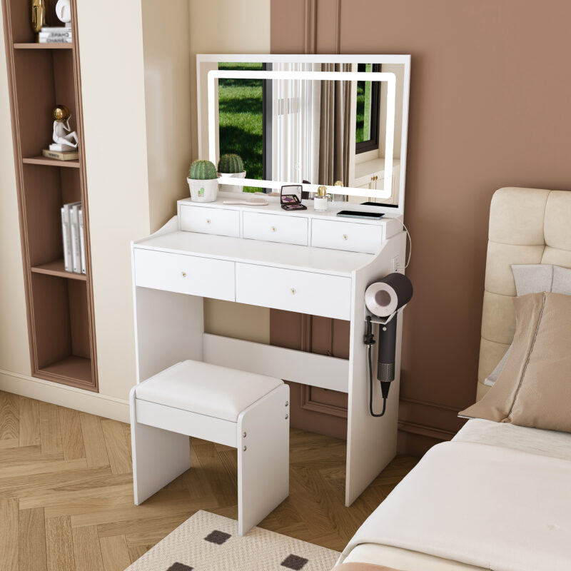 New Large Mirror Vanity Desk for Bed room , Modern Makeup Vanity Set with Power Outlet and Hair dryer holder, 5 Drawers , 3 Lighting Color Adjustable Dressing Table for Bedroom - Image 8