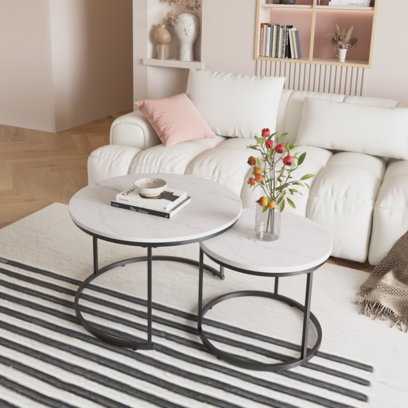 Nesting Coffee Table Set of 2, 27.6inch Round Coffee Table Wood Marble Pattern Top with Sturdy Metal Frame, End Table Side Tables for Living Room Bedroom Balcony Yard - Image 8