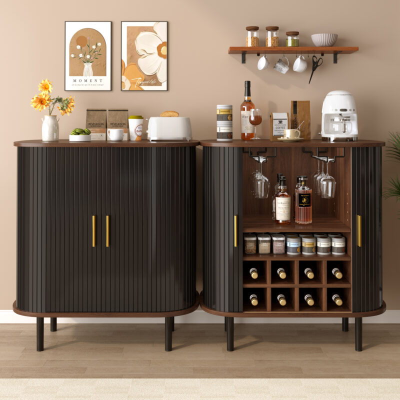 28" Fluted Wine Bar Cabinet with 8-Grid Wine Rack, 5-Level Adjustable Shelves, 2 Glass Holders, Smoothly Sliding Tambour Doors, 4 Hidden Storage Space on the Side,Modern Liquor Coffee Station - Image 25