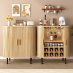 28" Fluted Wine Bar Cabinet with 8-Grid Wine Rack, 5-Level Adjustable Shelves, 2 Glass Holders, Smoothly Sliding Tambour Doors, 4 Hidden Storage Space on the Side,Modern Liquor Coffee Station - Image 4