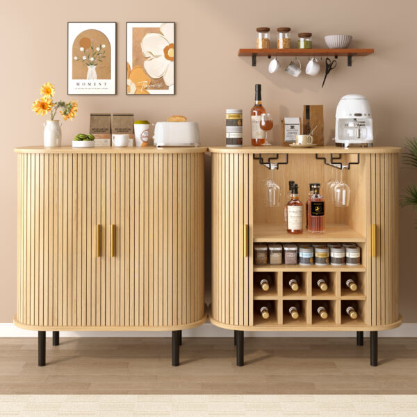 28" Fluted Wine Bar Cabinet with 8-Grid Wine Rack, 5-Level Adjustable Shelves, 2 Glass Holders, Smoothly Sliding Tambour Doors, 4 Hidden Storage Space on the Side,Modern Liquor Coffee Station