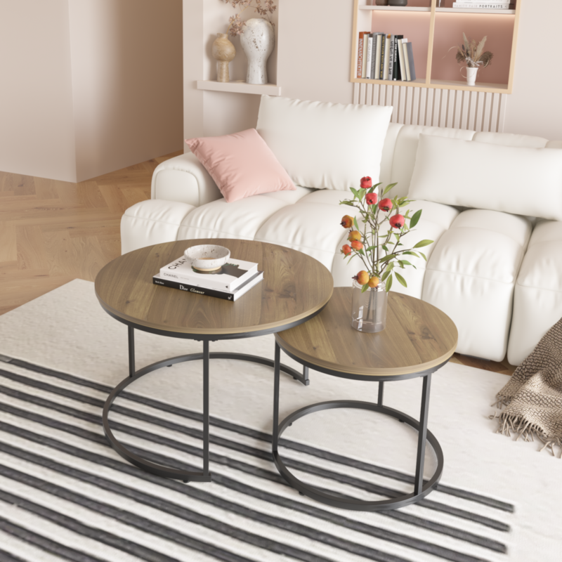 Nesting Coffee Table Set of 2, 27.6inch Round Coffee Table Wood Marble Pattern Top with Sturdy Metal Frame, End Table Side Tables for Living Room Bedroom Balcony Yard - Image 16
