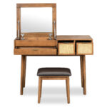 43.3" Classic Wood Makeup Vanity Set with Flip-top Mirror and Stool, Dressing Table with Three Drawers and storage space, Brown - Image 10