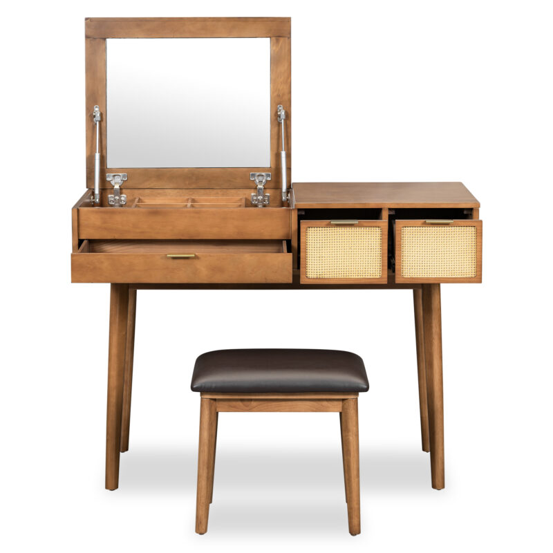 43.3" Classic Wood Makeup Vanity Set with Flip-top Mirror and Stool, Dressing Table with Three Drawers and storage space, Brown - Image 10