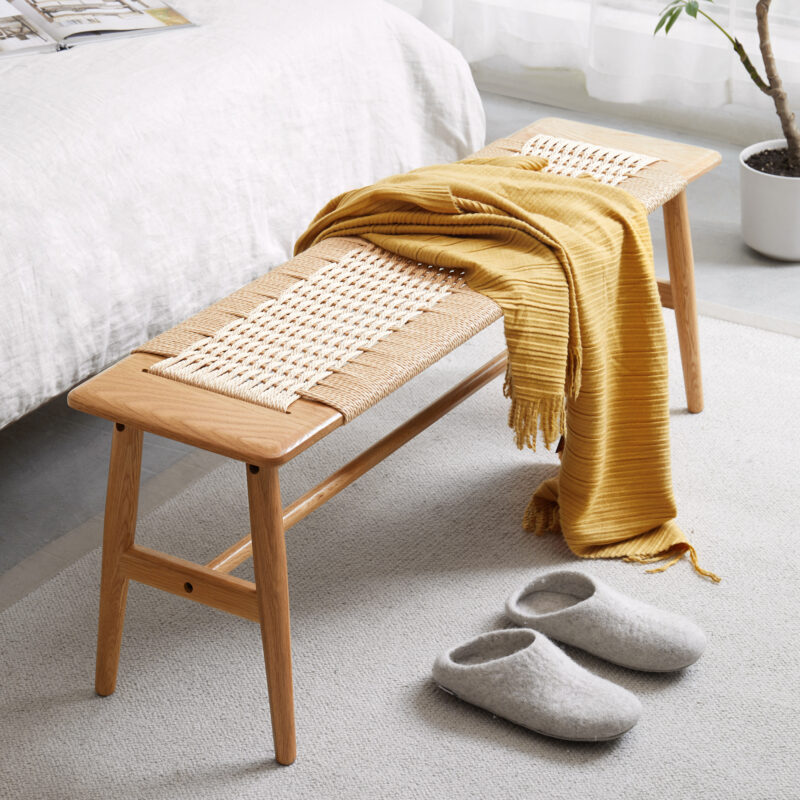 Woven Design Natural Oak Wood Dining Bench Bed Bench for Dining Room, Bedroom, Bathroom - Image 3