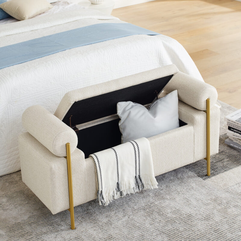 Elegant Upholstered Linen Storage Bench with Cylindrical Arms and Iron Legs for Hallway Living Room Bedroom - Image 16