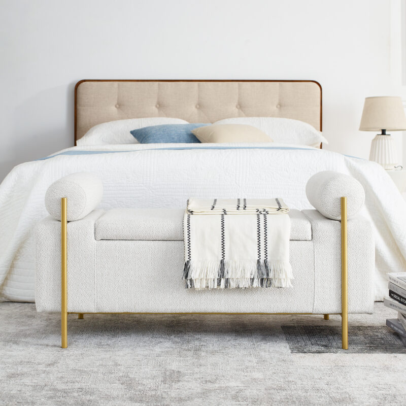 Elegant Upholstered Linen Storage Bench with Cylindrical Arms and Iron Legs for Hallway Living Room Bedroom - Image 7