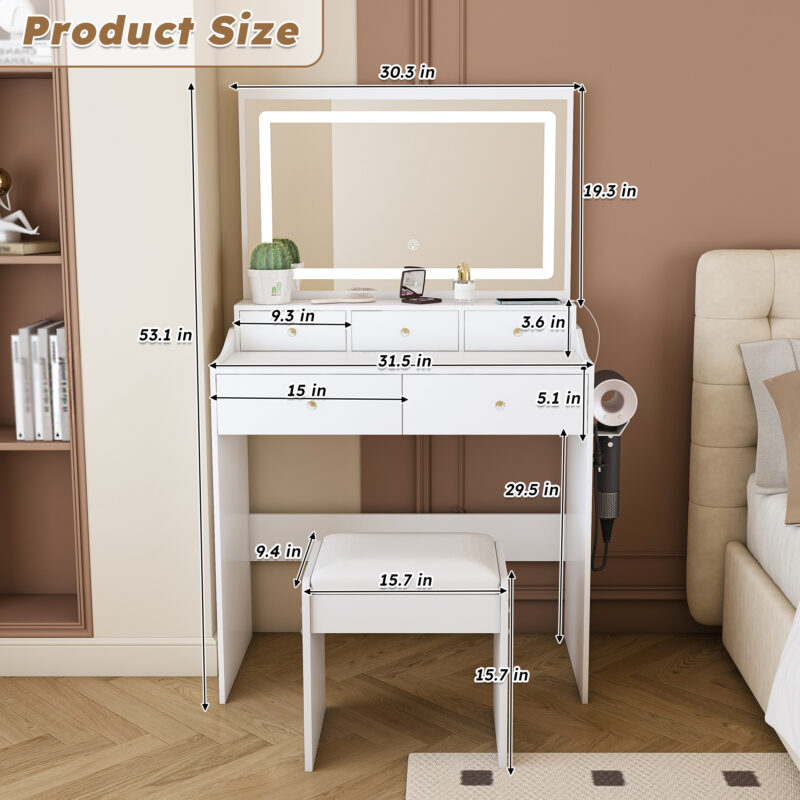 New Large Mirror Vanity Desk for Bed room , Modern Makeup Vanity Set with Power Outlet and Hair dryer holder, 5 Drawers , 3 Lighting Color Adjustable Dressing Table for Bedroom - Image 7