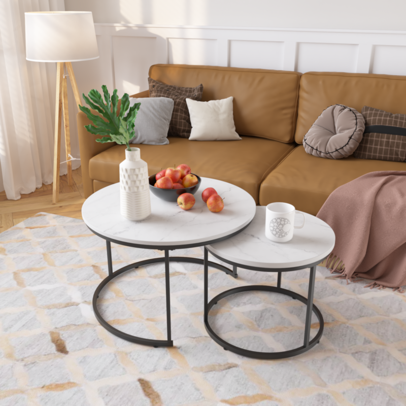 Nesting Coffee Table Set of 2, 27.6inch Round Coffee Table Wood Marble Pattern Top with Sturdy Metal Frame, End Table Side Tables for Living Room Bedroom Balcony Yard - Image 9